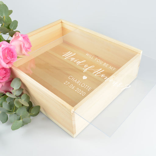Custom designed professionally laser engraved clear acrylic peek a boo lid on bridal party wooden gift box