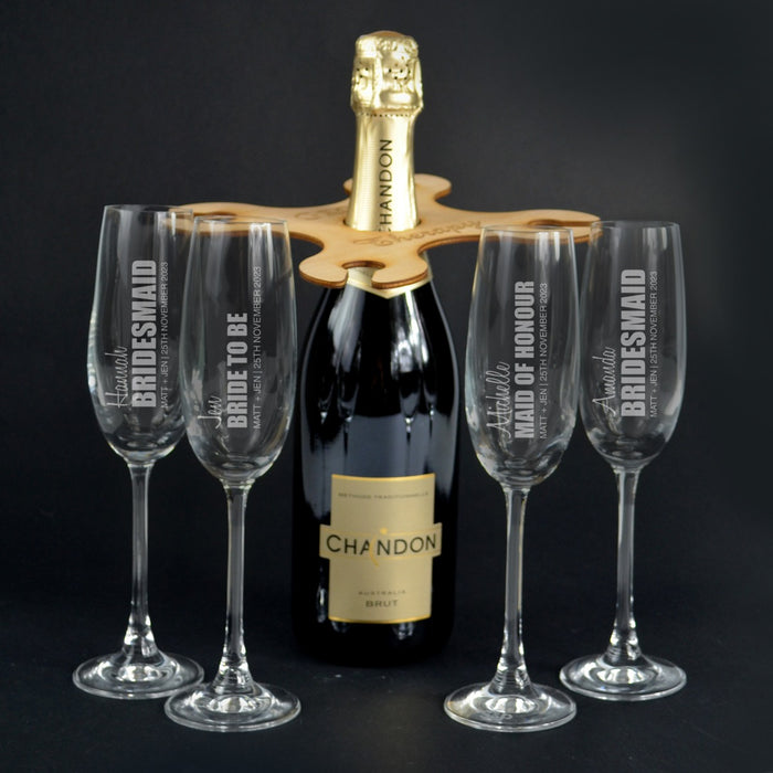 Engraved BOLD SERIES Wooden Bridal Party Butler Set With 4x Complimentary Champagne Glasses