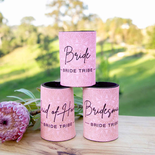 Pink & Black Printed Bride, Maid of Honour & Bridesmaid Stubby Holders Hen's Party Gift