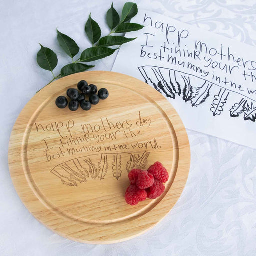 Personalised Engraved Wooden Round Chopping Board With Child's Artwork Engraved Mother's Day Gift