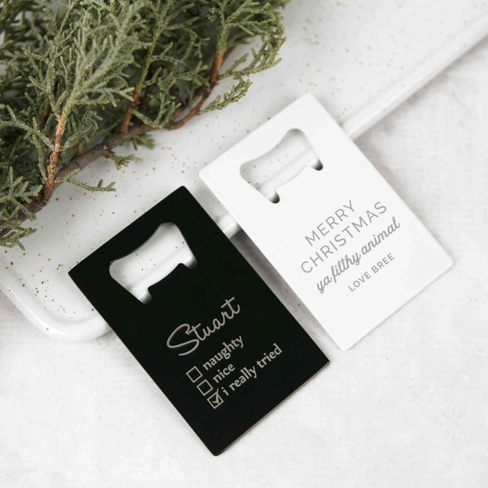 Personalised Engraved Black and White Christmas Credit Card Bottle Opener