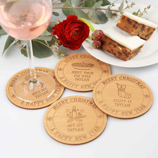 Personalised Engraved 4 Piece Christmas Wooden Coaster Gift Set