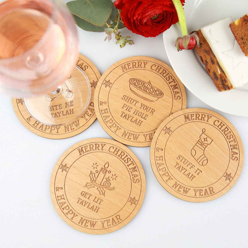 Customised Engraved 4 Piece Christmas Wooden Coaster Gift Set