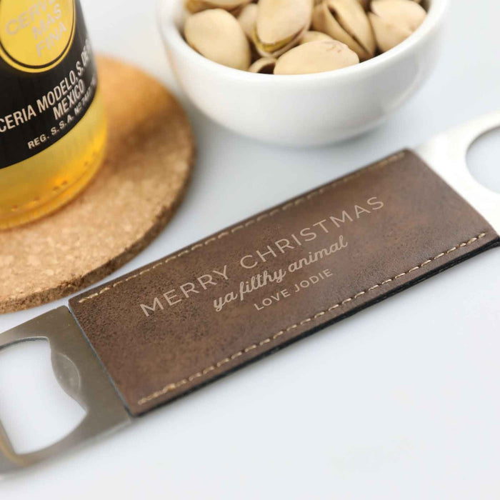 Custom Designed Engraved Christmas Affordable Initials Metal & Leather Bottle Opener