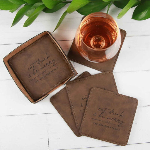 Personalised Engraved Set of 6 Christmas Square Leatherette Coasters Present