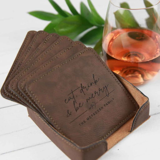Personalised Engraved Christmas Leather Square Coasters Present Set