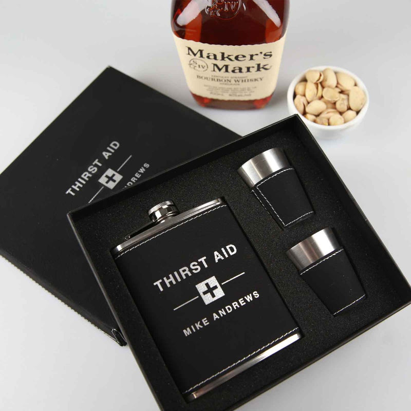 Personalised Engraved Black Leatherette Hip flask and shot glasses set Christmas Gift