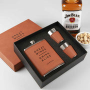 Customised Engraved Tan Leather Hip flask, two shot glasses and gift Box Christmas Secret Santa Present