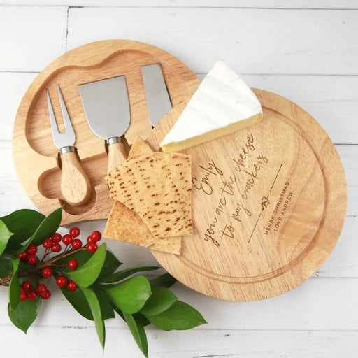 Personalised Engraved Wooden Round Cheese Board with Matching Cheese Knife Set Christmas Present