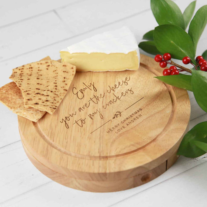 Custom Designed Engraved Wooden Round Serving Board with 3 piece Cheese Knife Set Christmas Gift
