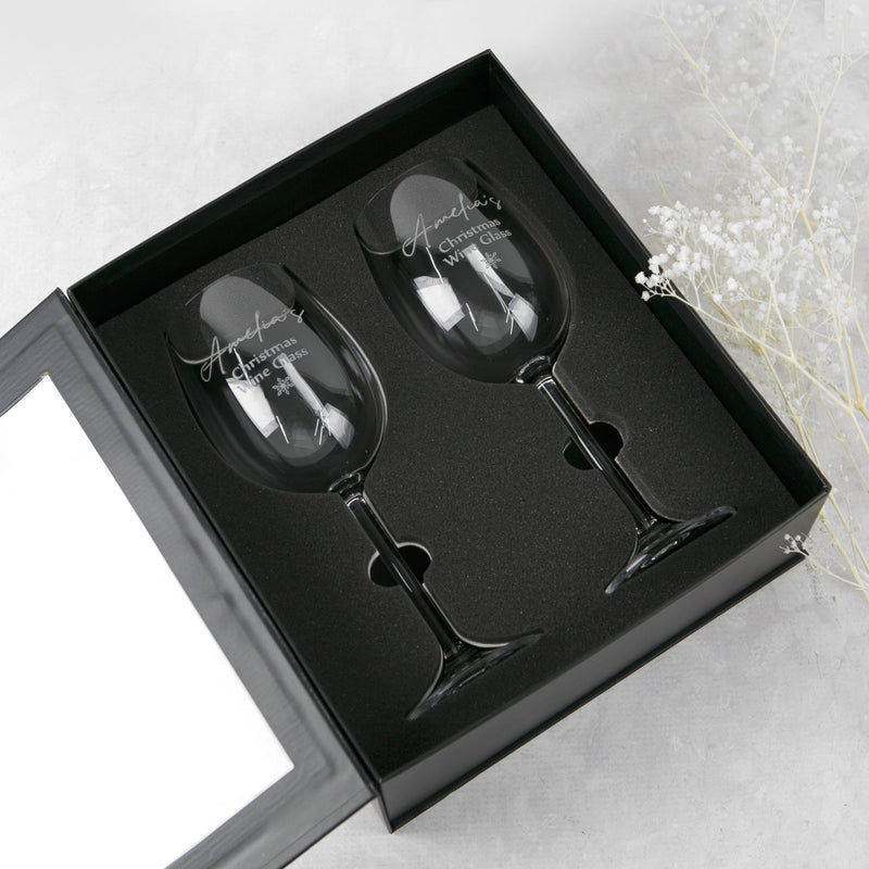 Custom Artwork Engraved Christmas Twin Wine Glasses with Black Gift Box Present