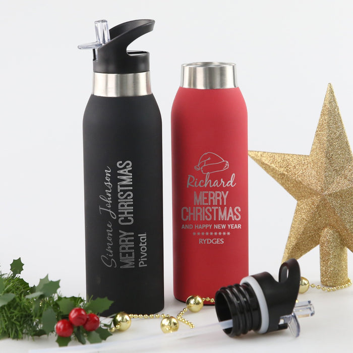 Custom Designed Engraved Corporate Christmas Red & Black Sports, Water, Drink Bottle Employee Present