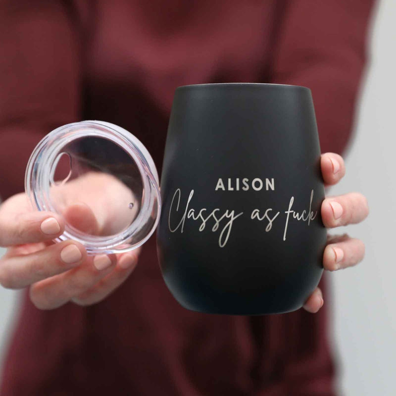 Custom Designed Engraved Matte Black humerus inappropriate stemless wine glass with lid