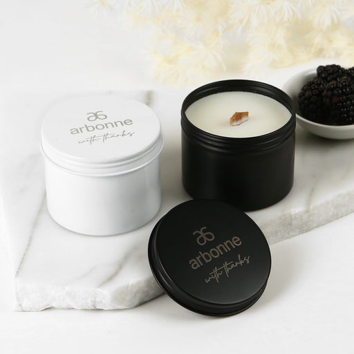 Personalised Engraved Corporate Logo White & Black Soy Tin Candles Client or Company Gift