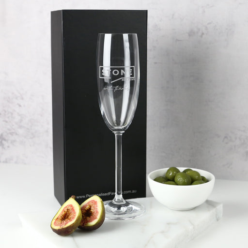 Personalised Engraved Corporate Logo 195ml Champagne Glass Black Gift Box Company or Client Gift