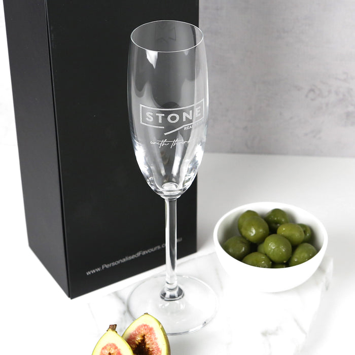 Custom Artwork Engraved Company Logo 195ml Premium European Champagne flutes Glasses Black Gift Box Corporate or Client promotional Gift