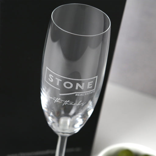 Customised Engraved Corporate Logo 195ml Premium European Champagne flutes Company or Client Gift