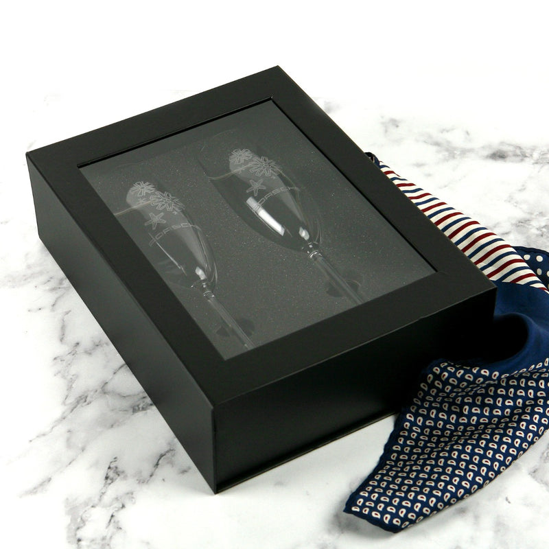 Engraved Company Logo Champagne Glasses Flutes Black Gift Box Corporate Gift