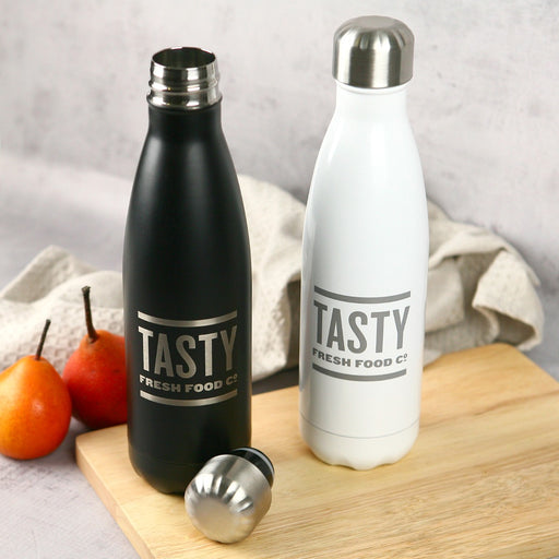 Corporate Logo Engraved Black & White Stainless Steel Sports Drink Water Bottle Client or Employee Gift