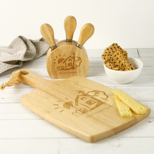 Engraved company logo wooden cheese paddle board & cheese knife block Set