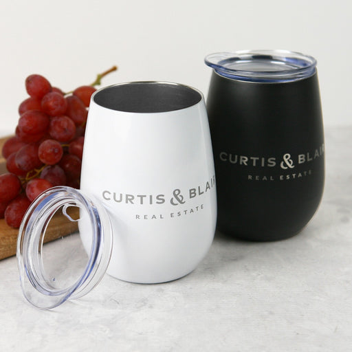Personalised Engraved Corporate White & Black Wine Sipper with Lid