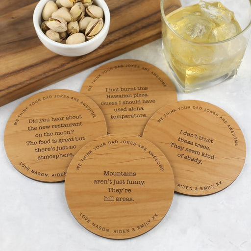 Personalised Engraved Set of 4 Father's Day "Dad's Bad Jokes" Wooden Coaster Present