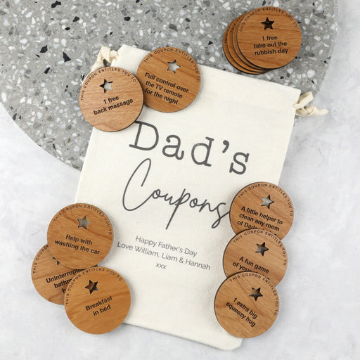 Printed Drawstring Dad's Coupon bag and 12 wooden round Coupons for Father's Day
