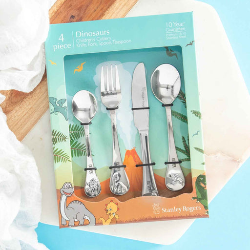 Customised Engraved Stainless Steel Children's Cutlery 4 Piece Set Dinosaurs