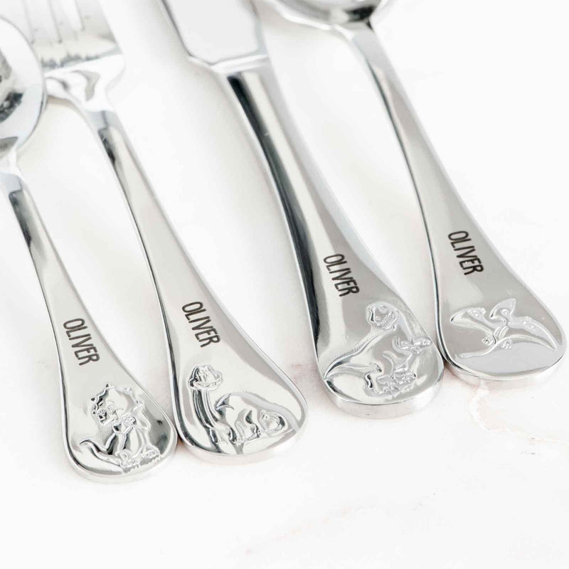 Custom Artwork Engraved Name Stainless Steel Dinosaurs Baby Cutlery 4 Piece Set Dishwasher Safe