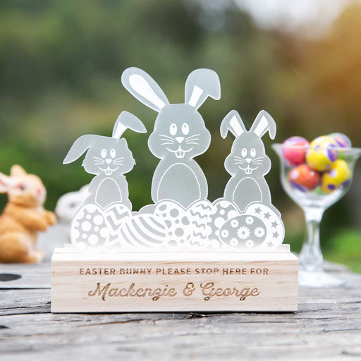 Personalised Frosted Acrylic Easter Sign with Engraved Wooden Base