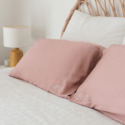 Embroidered Bamboo Satin Pillowcase Twin Set – Rose Pink