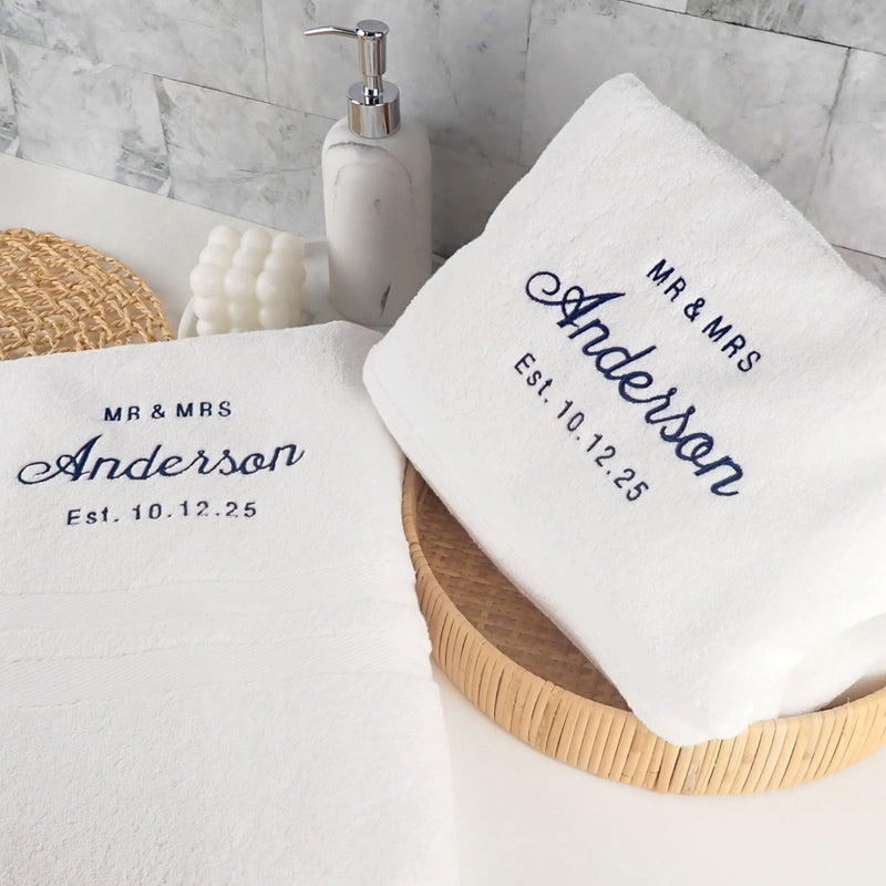 Custom Artwork Embroidered Bath Towel Set Mr & Mrs Surname Couple's