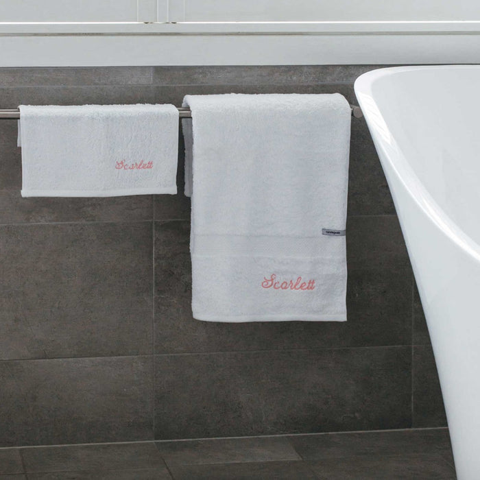 Personalised Embroidered Name Matching White Bath Towel and Face Washer Set – Script Font