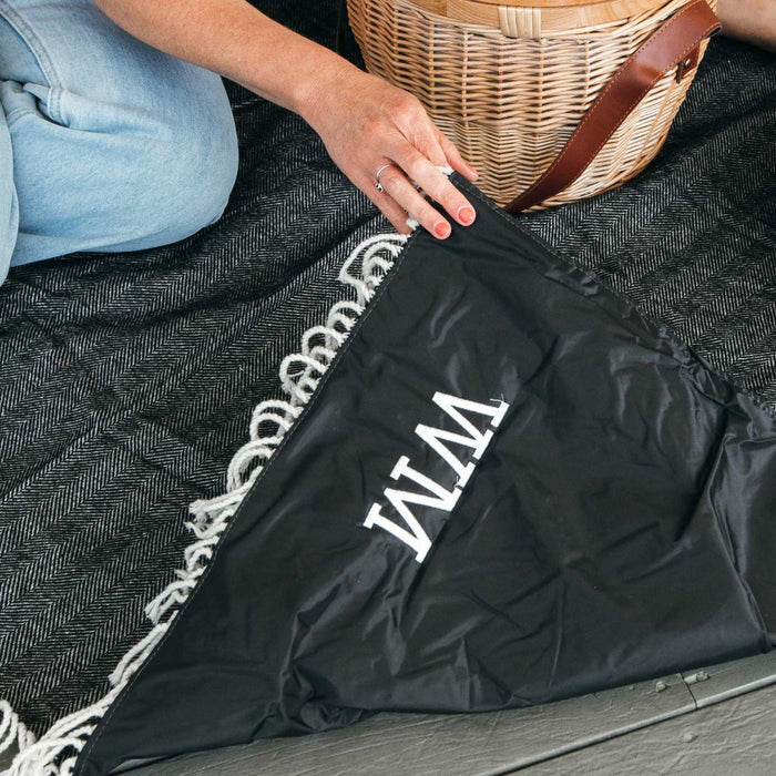 Custom White Embroidered Monogrammed Woven Picnic Blanket with Waterproof Backing Birthday Present