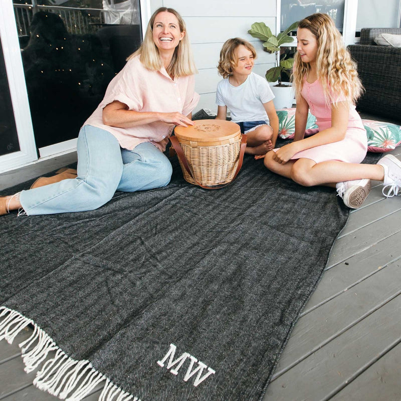 Custom Embroidered White Initials woven Picnic Blanket with Waterproof Backing Christmas Present