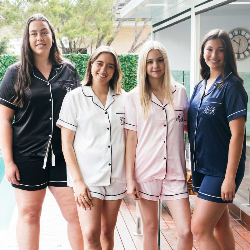 Custom Artwork Embroidered Monogrammed Initials Black, White, Pink, Navy Satin Short Sleeve Pyjama Set Christmas Gift