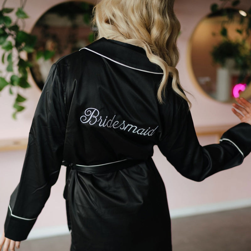 Custom Embroidered Name Bridesmaid Black Satin long Sleeve Robe