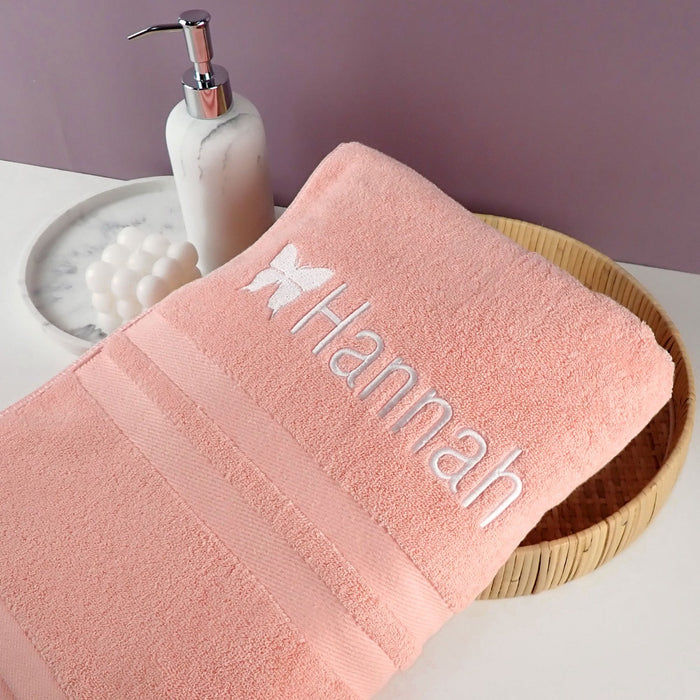 Custom Name Embroidered Pink Butterfly Bath Towel