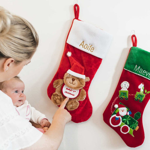 Embroidered First Christmas Bear & Train Stocking