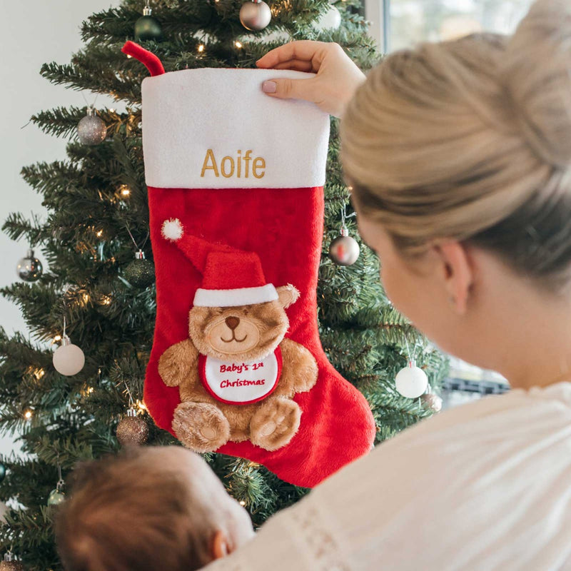 Customised Embroidered Name Bear Red and White Traditional Christmas Strocking