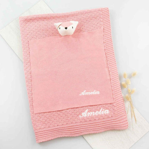 Embroidered Knitted Name Pink Baby Blanket with Deer Comforter