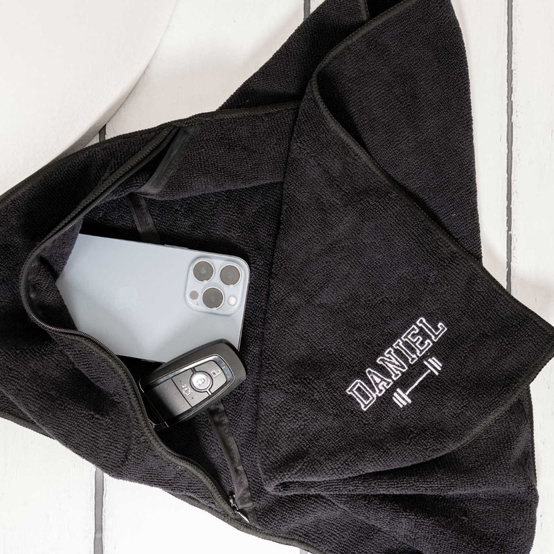 Personalised Embroidered Name Black Gym Towel with Zip Pocket