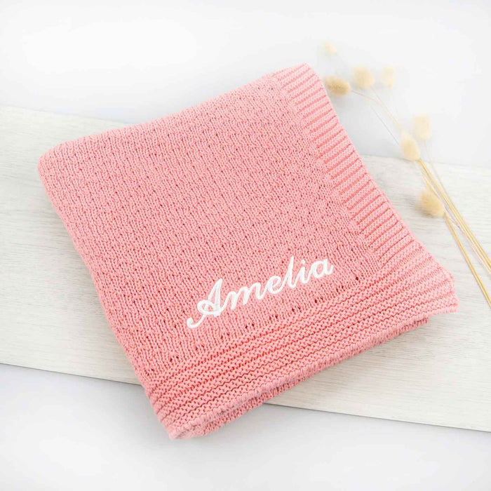Customised Embroidered Name Cotton Wool Knitted Pink Baby Blanket Christmas Present