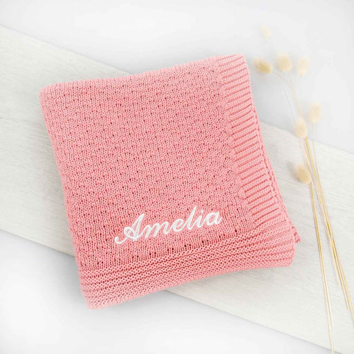 Embroidered 100% Cotton Knitted Blush Baby Blanket