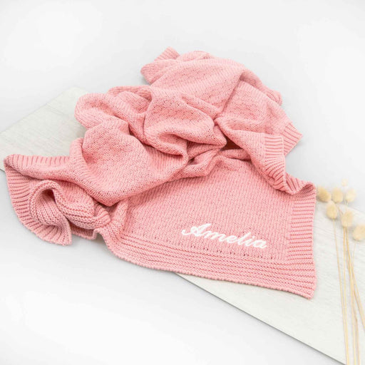 Personalised Embroidered Name 100% Cotton Knitted Pink Baby Blanket