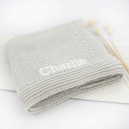 Personalised Embroidered 100% Cotton Knitted Grey Baby Blanket Christmas Present