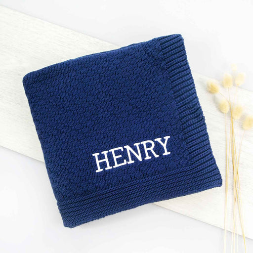 Personalised Embroidered Name 100% Cotton Knitted Navy Blue Baby Blanket