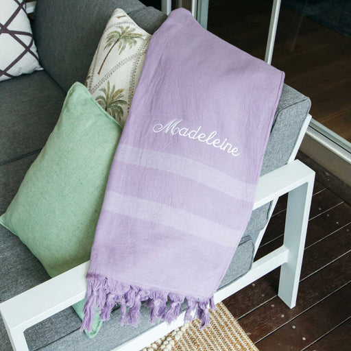Personalised Embroidered Lightweight Cotton Turkish Towel with Tassels - Lilac