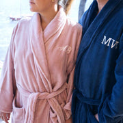 Personalised microplush robe embroidered with initials, available in three sizes and colours.