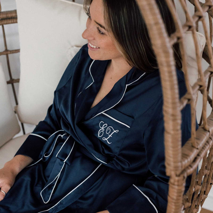 Customised Embroidered Initials Navy Satin Long Sleeve Robe Christmas Present